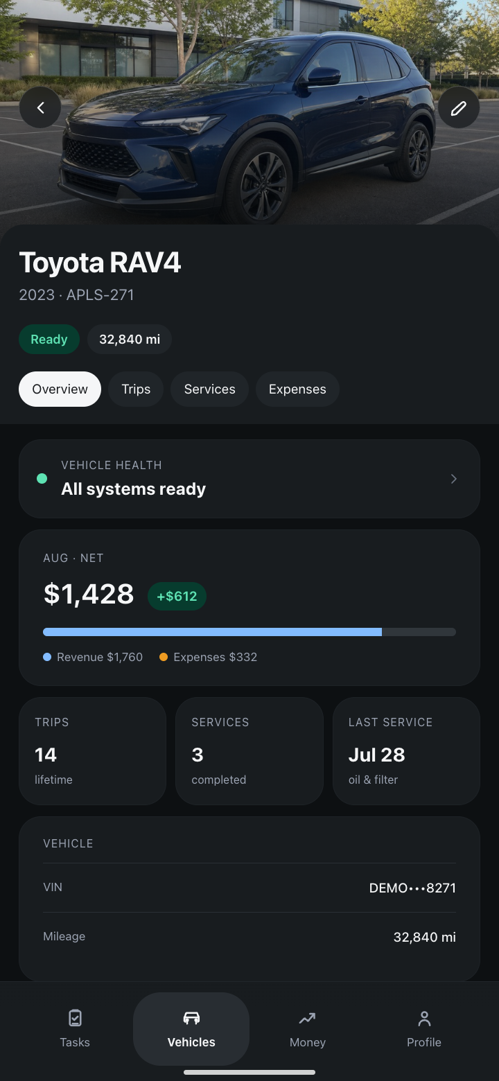 Apuls vehicle overview showing status, revenue, trips, and service history