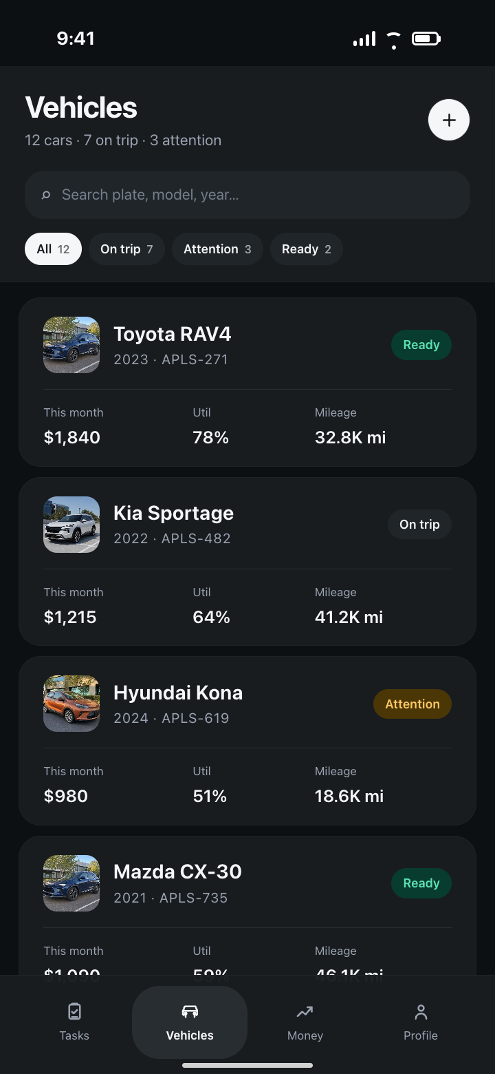 The real Apuls vehicle list with fleet status, monthly revenue, and mileage